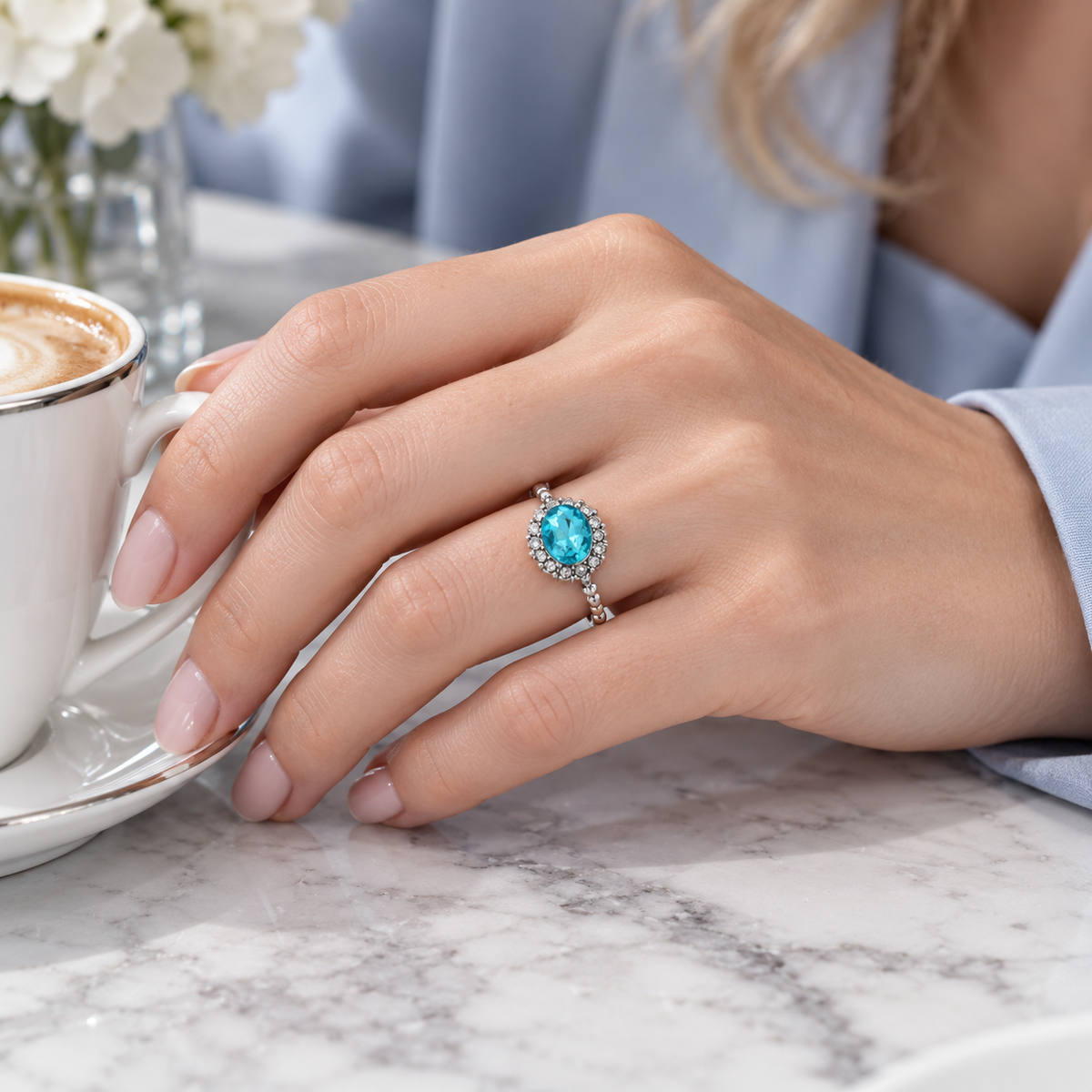 ๐ Statement Ring | Silver-Tone Evening | Women Sparkling Aqua Halo
