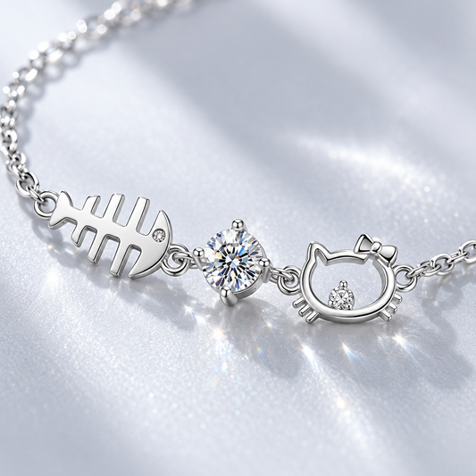 🐱 Moissanite Bracelet | Silver Everyday Jewelry | Women Playful Charm