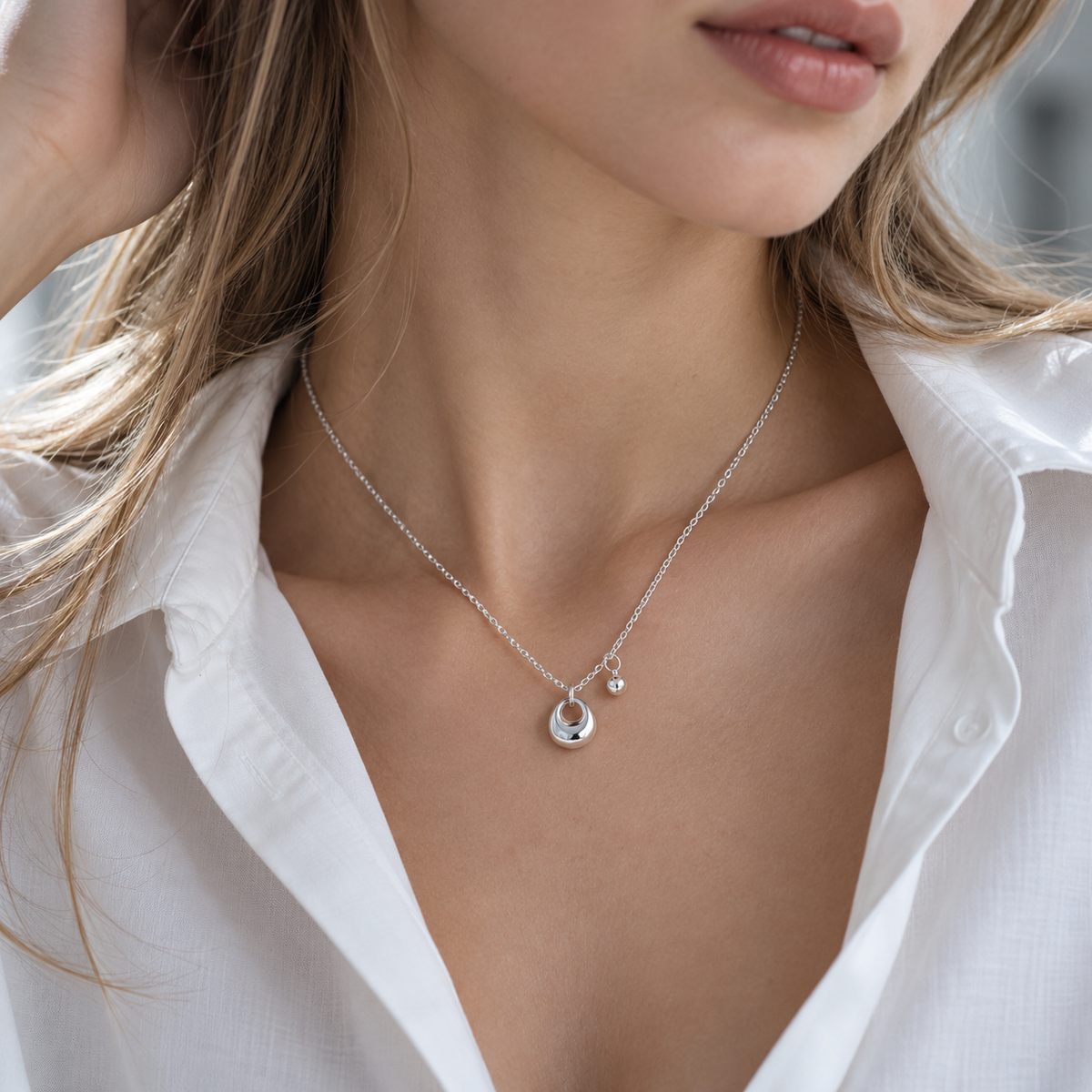 💎 Silver Necklace | Silver-Tone Metal Everyday | Women Sculptural Charm