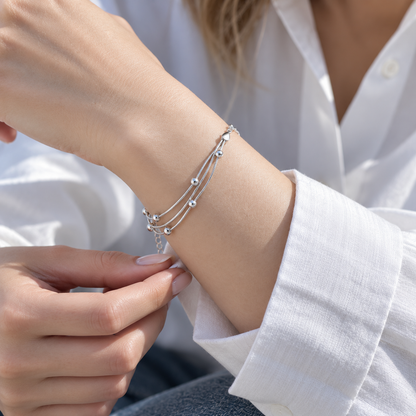 🩶 Layered Bracelet | Silver Snake-Chain Daily | Women Beaded Elegance