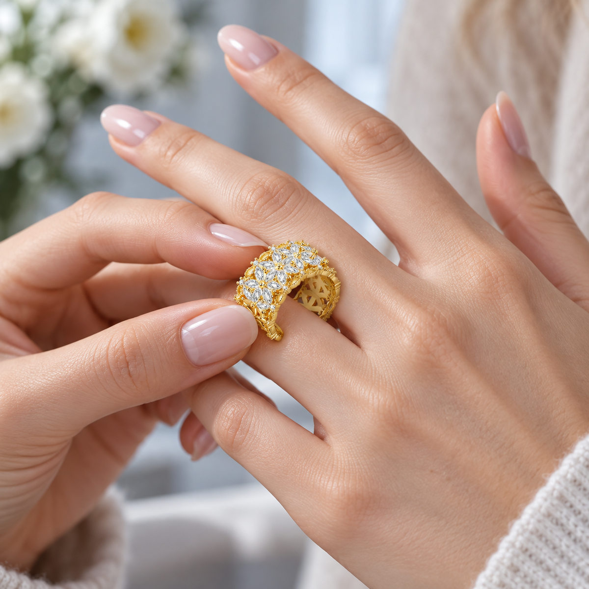 💫 Statement Ring | Gold-Plated Evening | Women Floral Crystal Sparkle