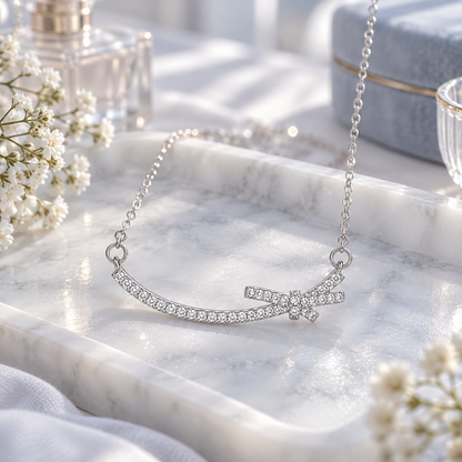 🎀 Bow Necklace | Zircon Rose-Gold Evening | Women Delicate Sparkle