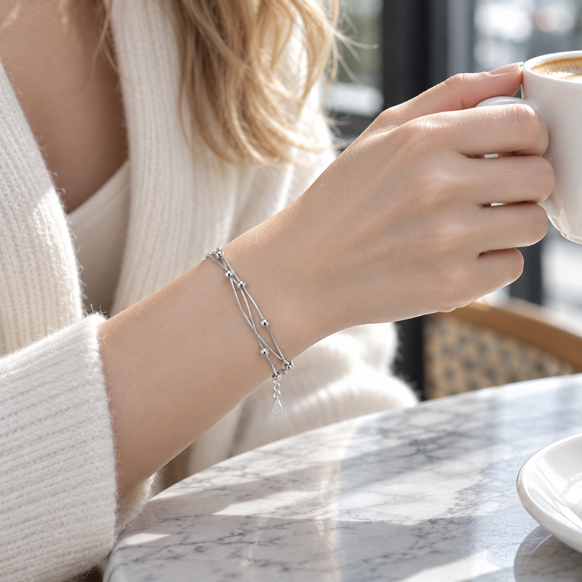 🩶 Layered Bracelet | Silver Snake-Chain Daily | Women Beaded Elegance
