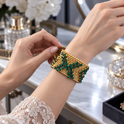 💚 Statement Bracelet | Gold Emerald Evening | Women Vintage Glamour