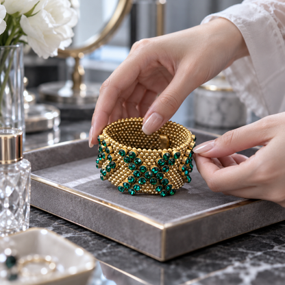 💚 Statement Bracelet | Gold Emerald Evening | Women Vintage Glamour
