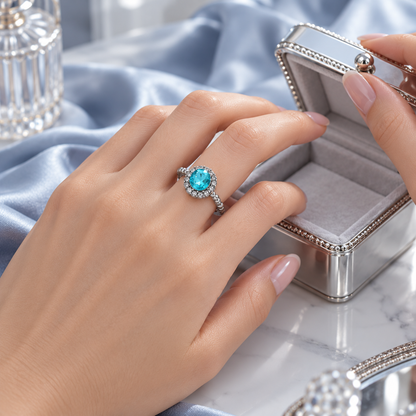 💎 Statement Ring | Silver-Tone Evening | Women Sparkling Aqua Halo