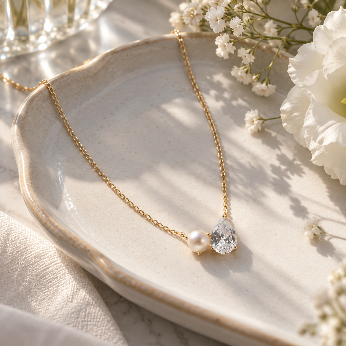 💧 Pearl Necklace | Gold-Tone Everyday Styling | Women Teardrop Sparkle