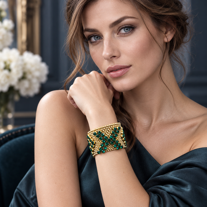 💚 Statement Bracelet | Gold Emerald Evening | Women Vintage Glamour