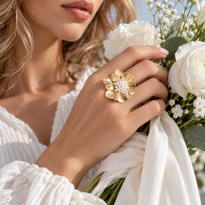 🌸 Flower Ring | Gold-Tone | Everyday Wear | Her | Pearl-Centered Bloom
