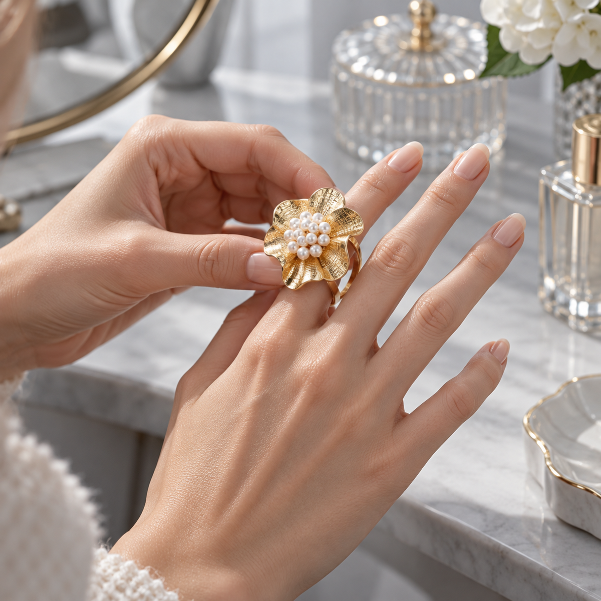 🌸 Flower Ring | Gold-Tone | Everyday Wear | Her | Pearl-Centered Bloom