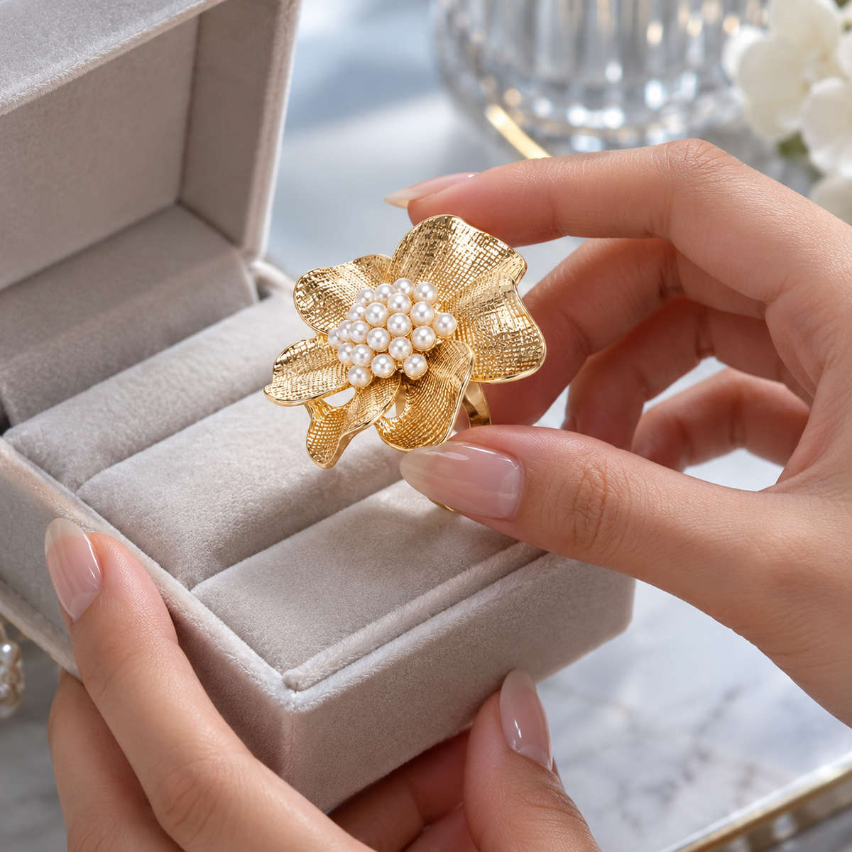 🌸 Flower Ring | Gold-Tone | Everyday Wear | Her | Pearl-Centered Bloom