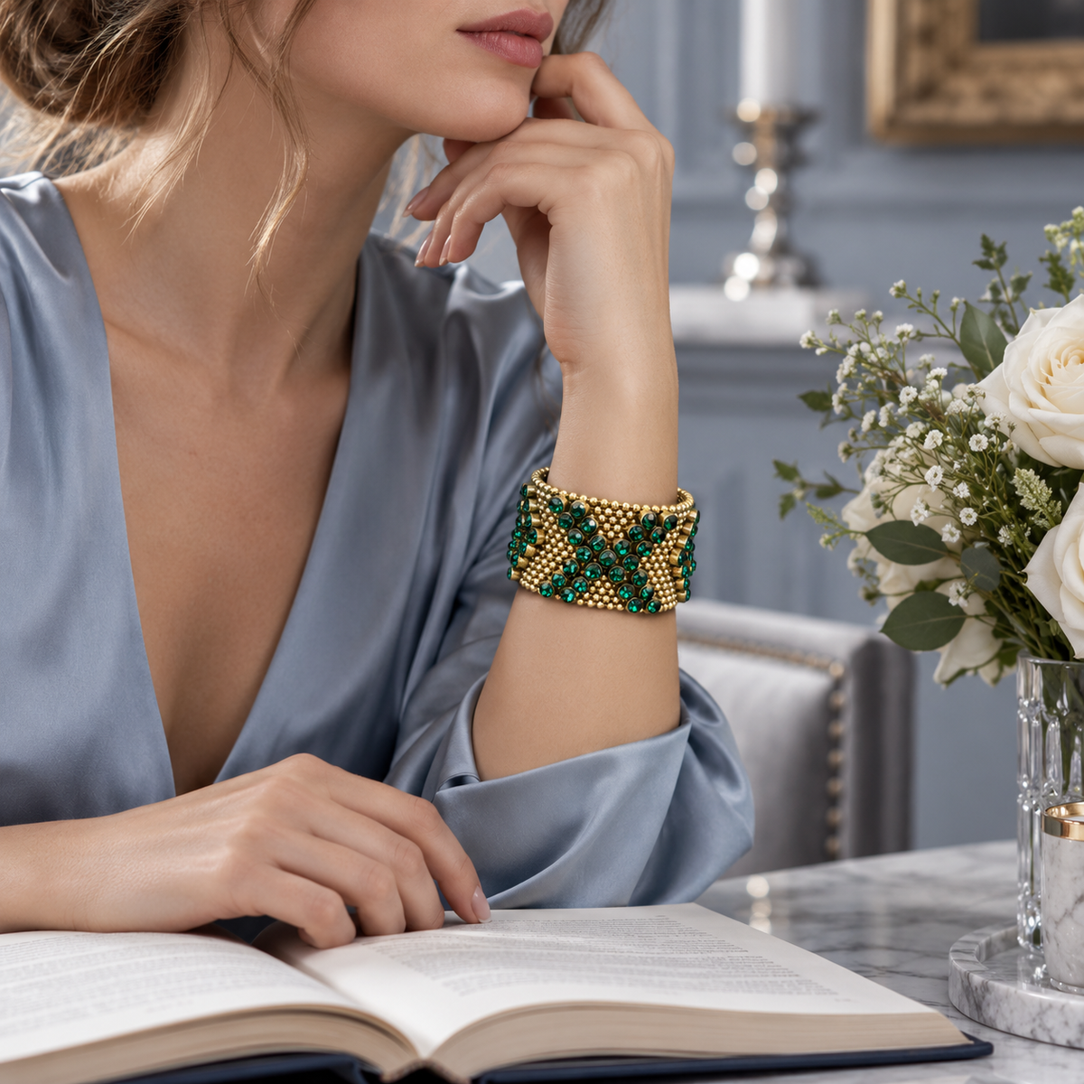 💚 Statement Bracelet | Gold Emerald Evening | Women Vintage Glamour
