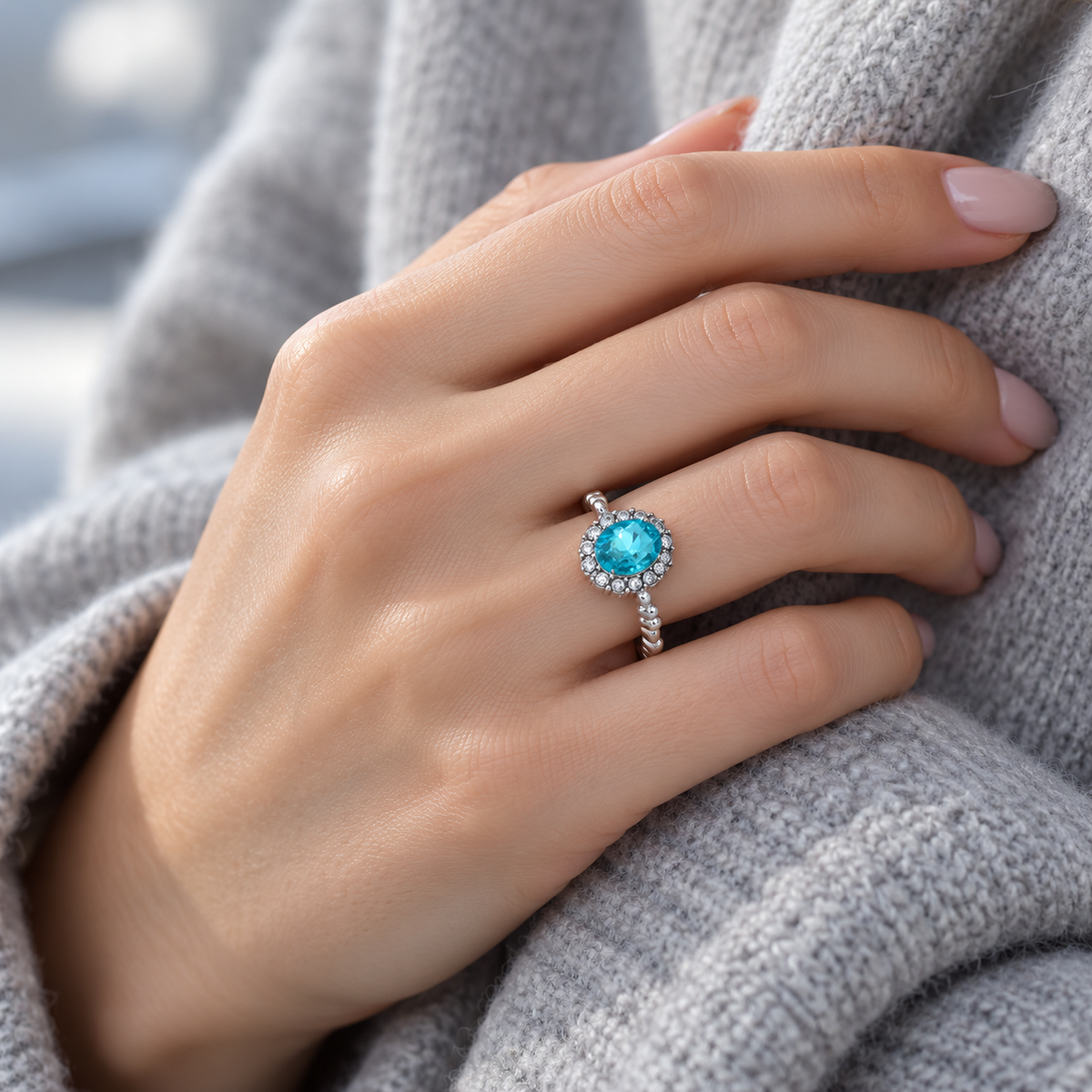 💎 Statement Ring | Silver-Tone Evening | Women Sparkling Aqua Halo