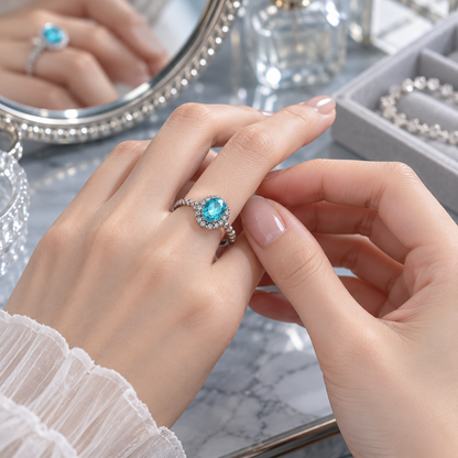 💎 Statement Ring | Silver-Tone Evening | Women Sparkling Aqua Halo