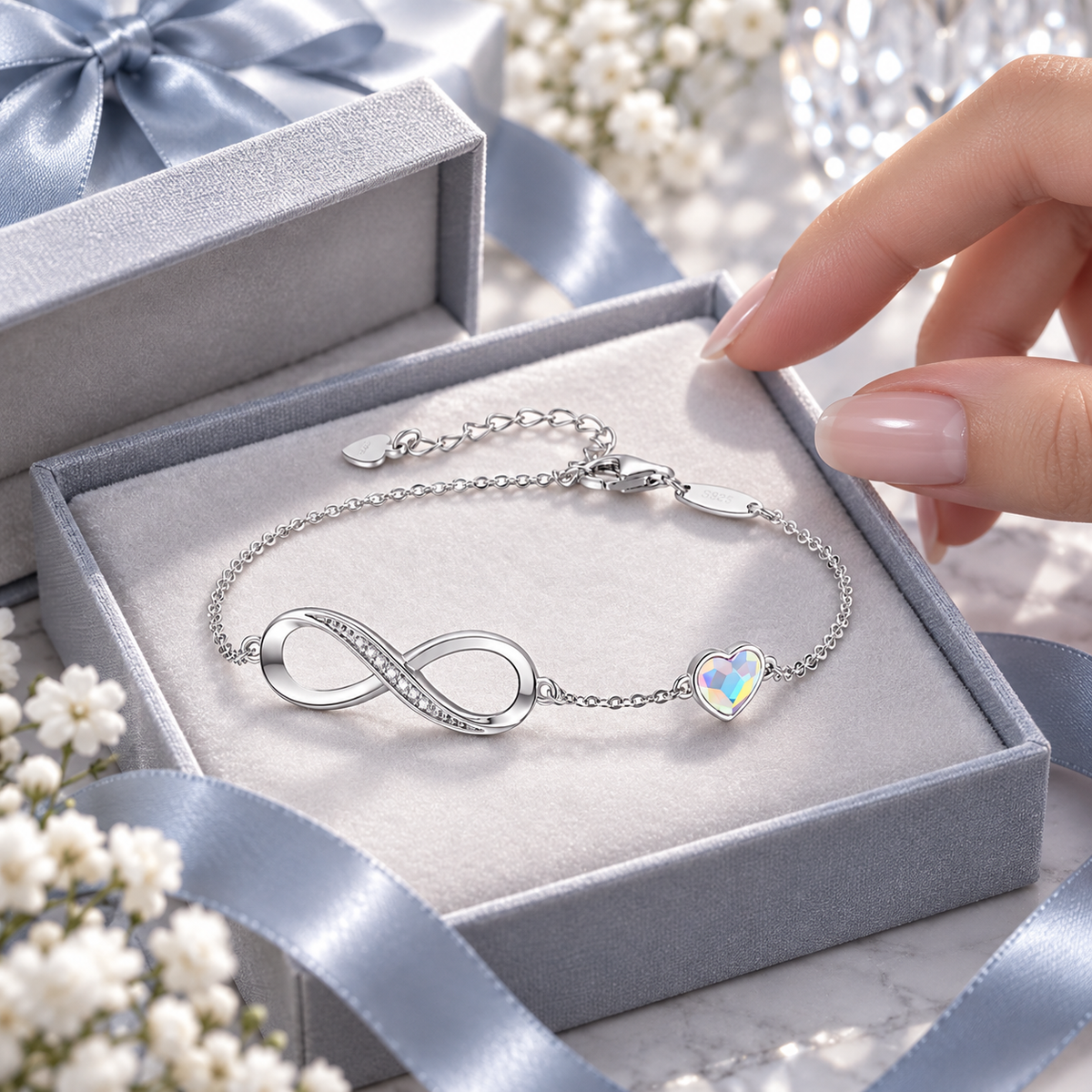 ♾️ Infinity Bracelet | Silver Crystal Everyday | Women Heart Charm