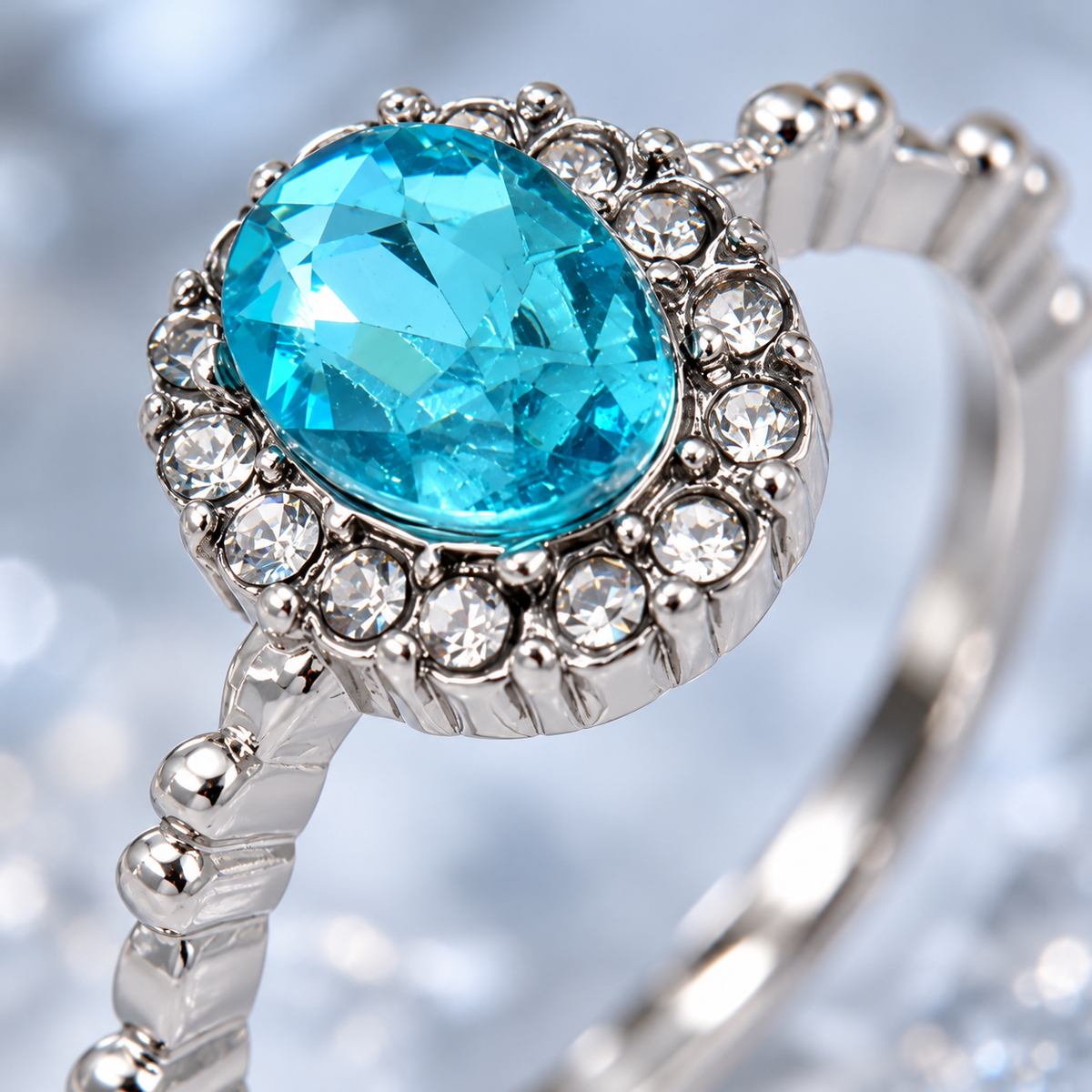 💎 Statement Ring | Silver-Tone Evening | Women Sparkling Aqua Halo
