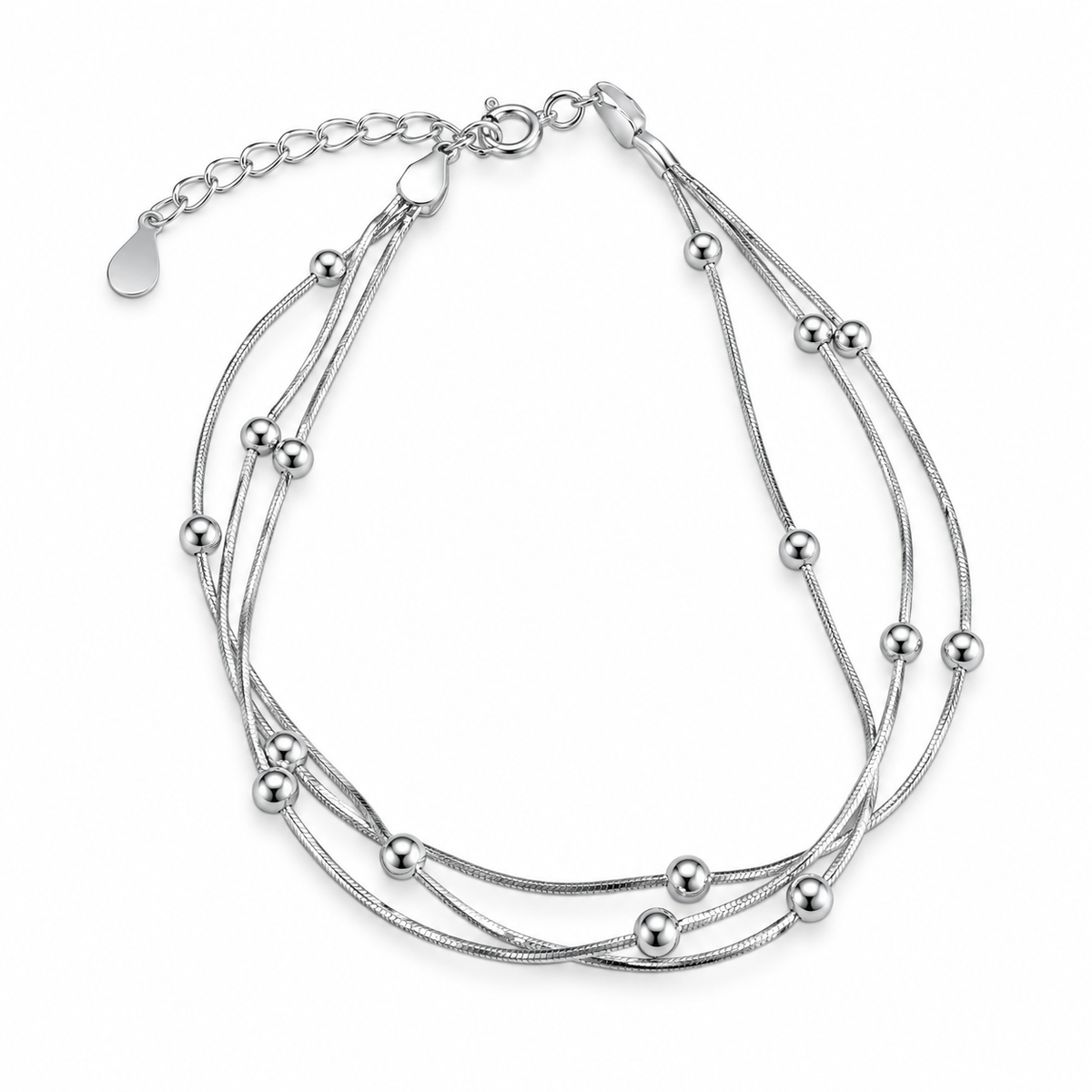 🩶 Layered Bracelet | Silver Snake-Chain Daily | Women Beaded Elegance