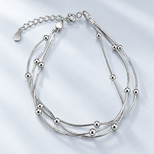 🩶 Layered Bracelet | Silver Snake-Chain Daily | Women Beaded Elegance