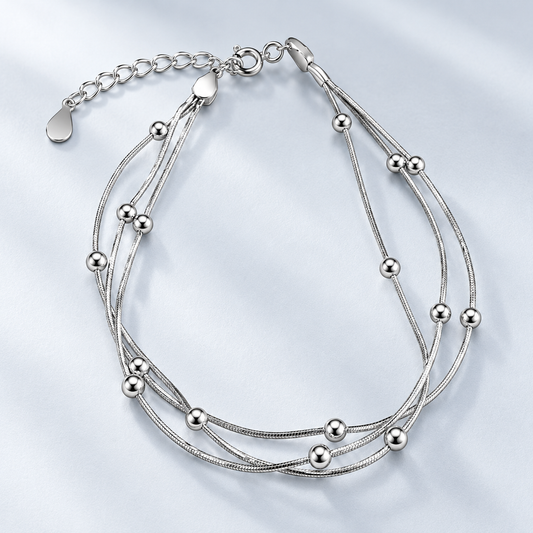 🩶 Layered Bracelet | Silver Snake-Chain Daily | Women Beaded Elegance