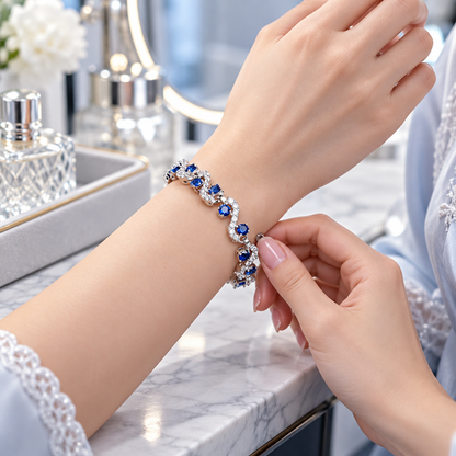 🌌 Luxe Gemstone Bracelet | Silver-Tone Evening | Women Sapphire Sparkle